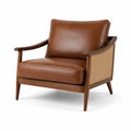 Sillón de cuero marrón con madera y ratán tejido 90x85x75 cm