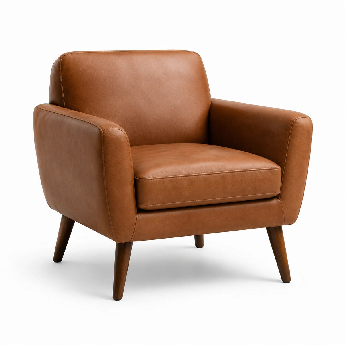 Sillón de piel sintética marrón con patas de madera