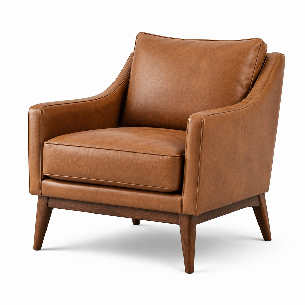 Sillón de cuero sintético marrón con patas de nogal