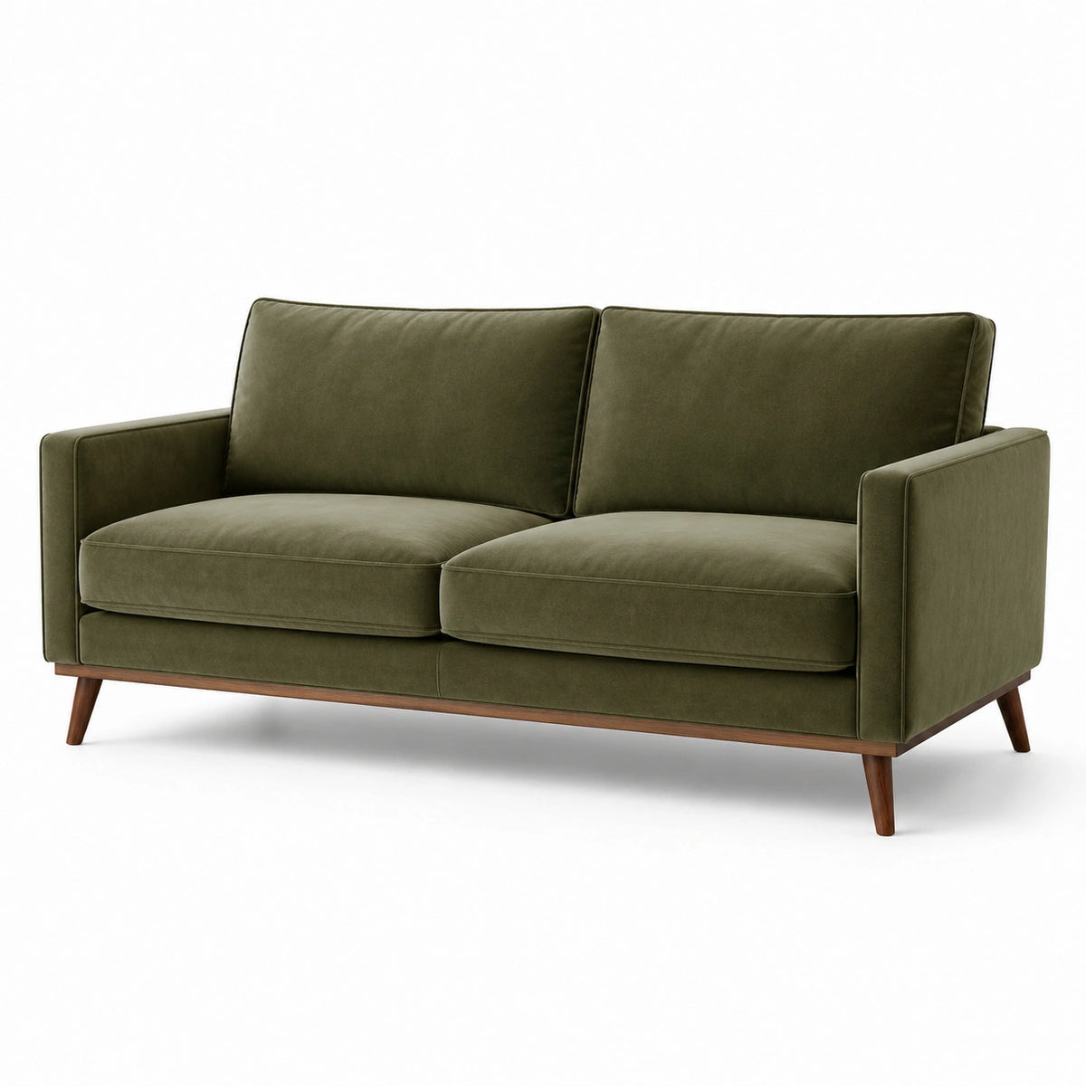 Sofá de tela de poliéster verde oliva con patas de madera