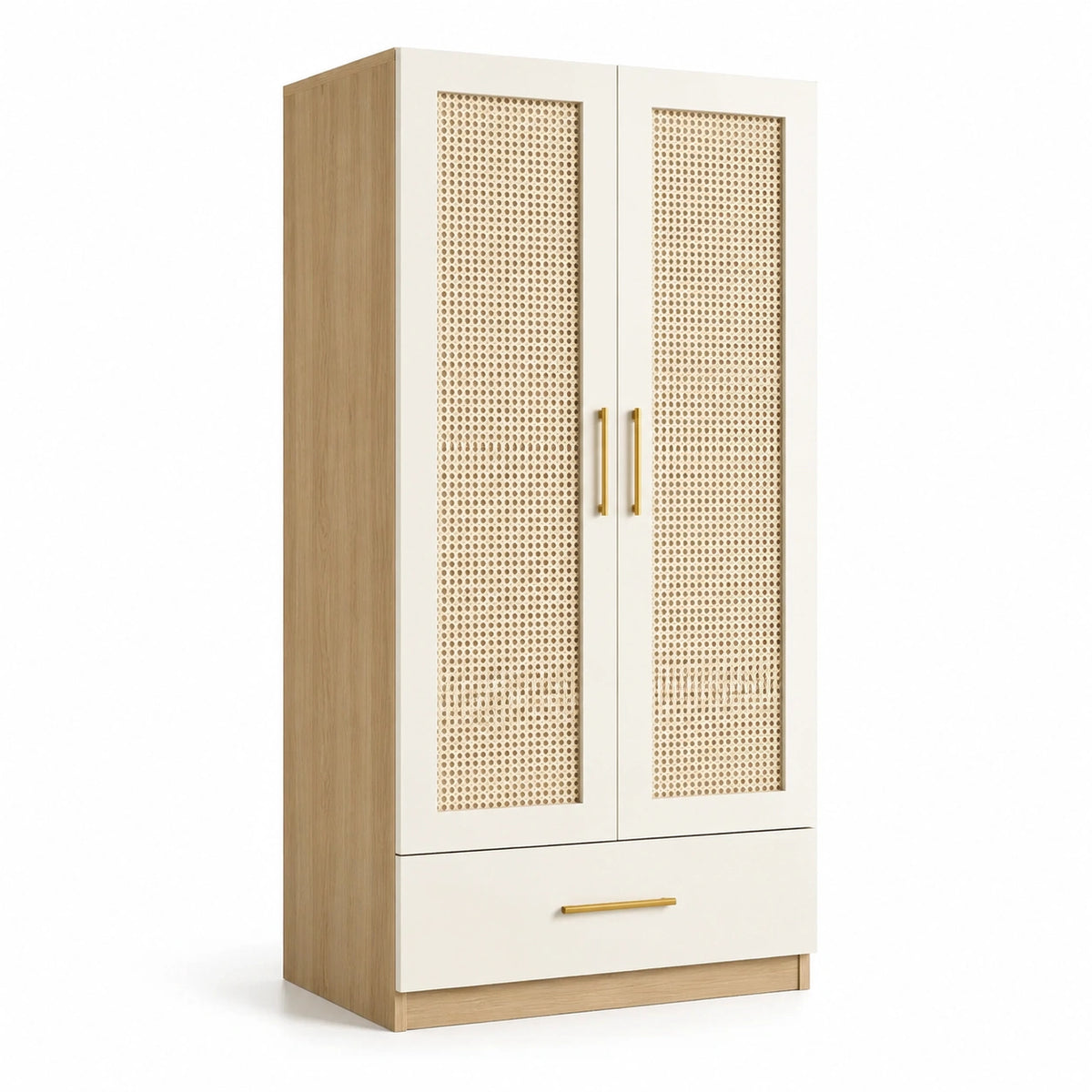 Armario de madera y mimbre con cajón beige y natural