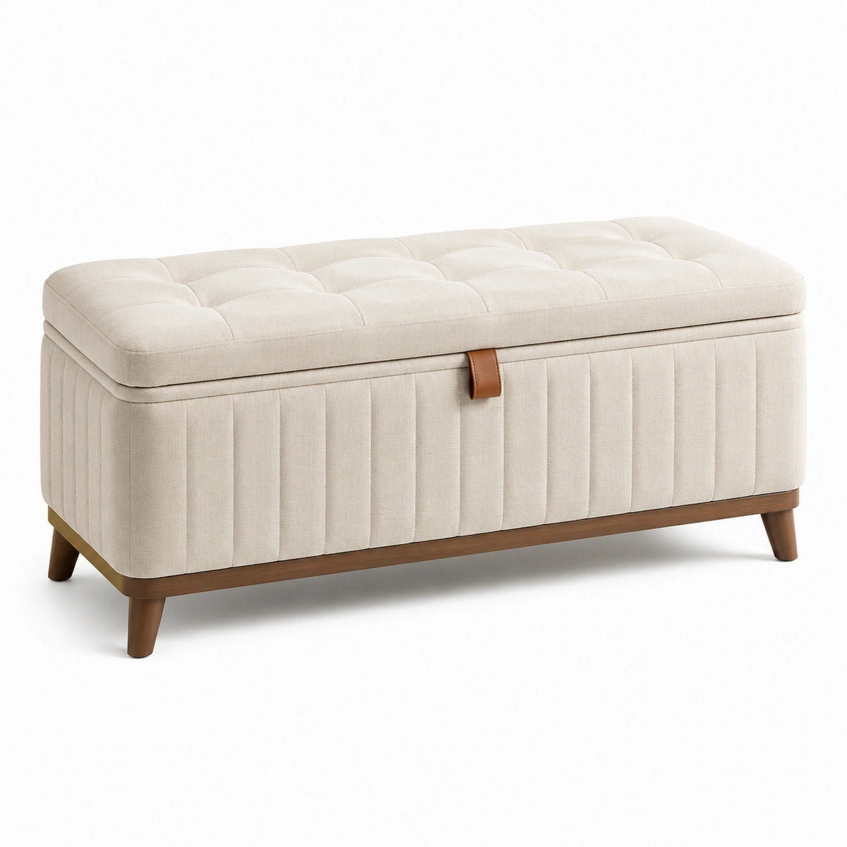 Banco de almacenamiento de tela beige con patas de madera