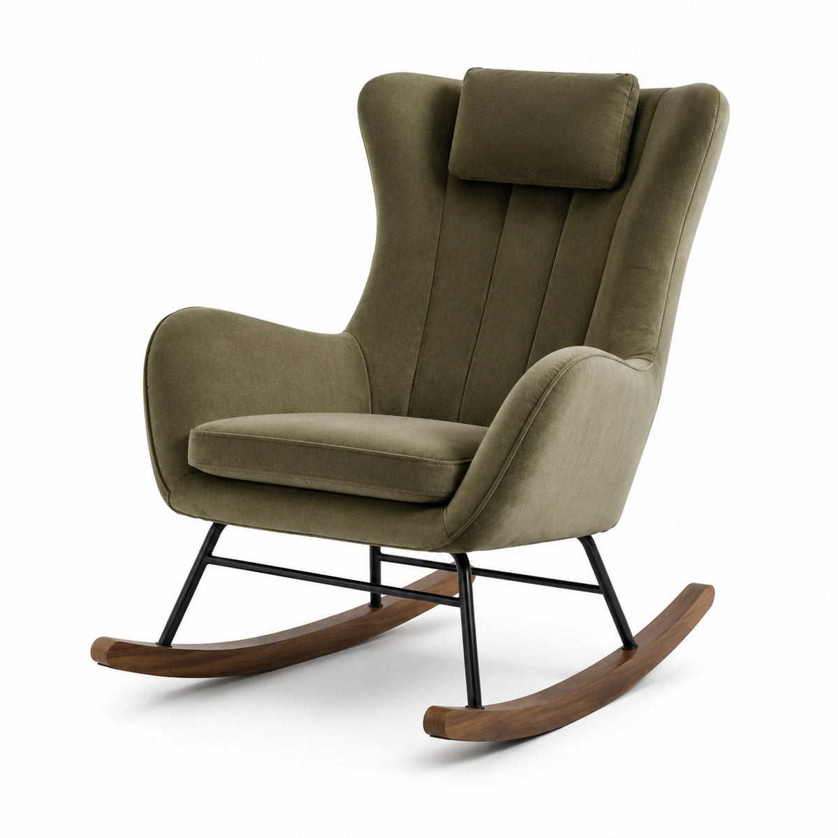 Mecedora de tela verde con estructura de acero y base de madera