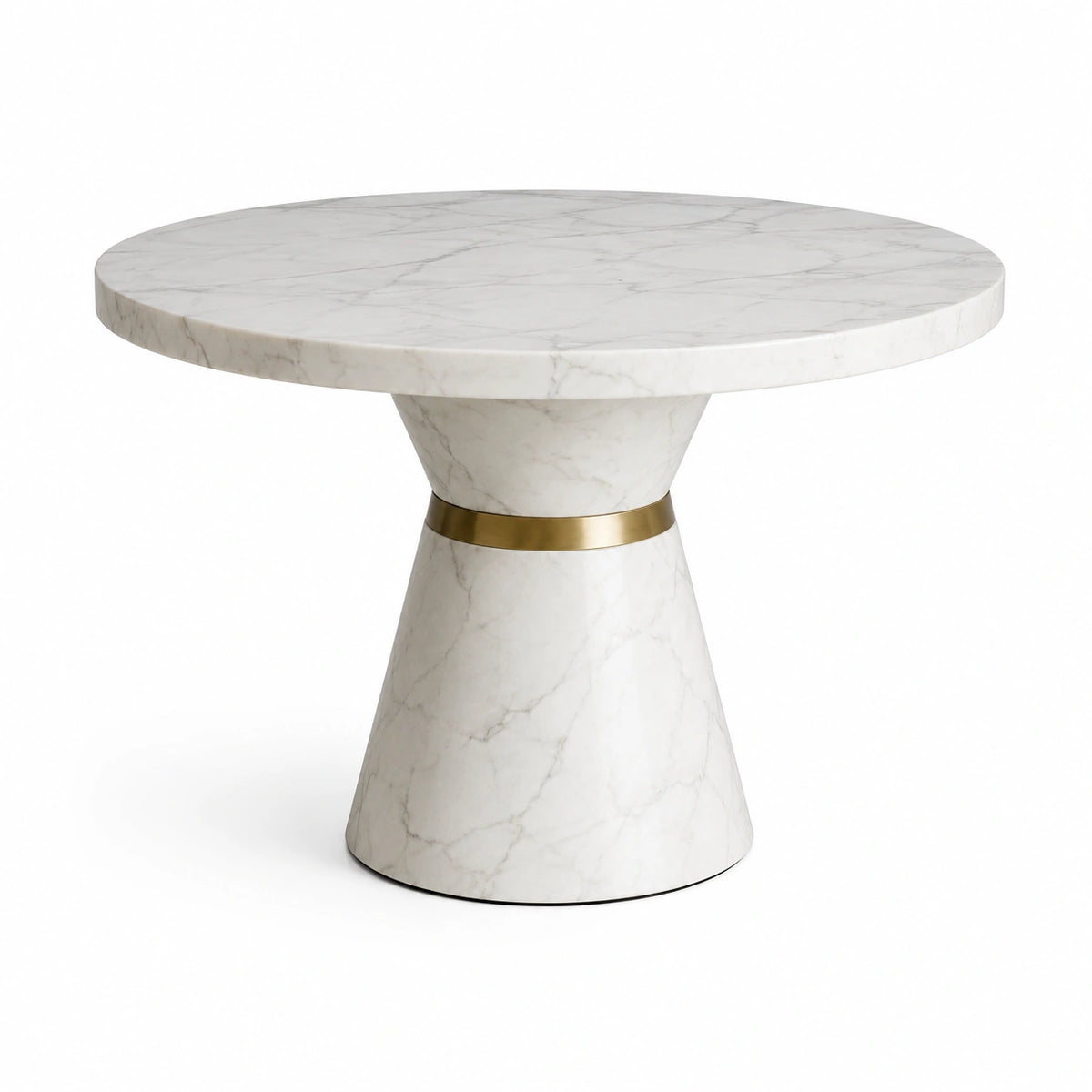 Mesa de comedor redonda de mármol blanco y metal