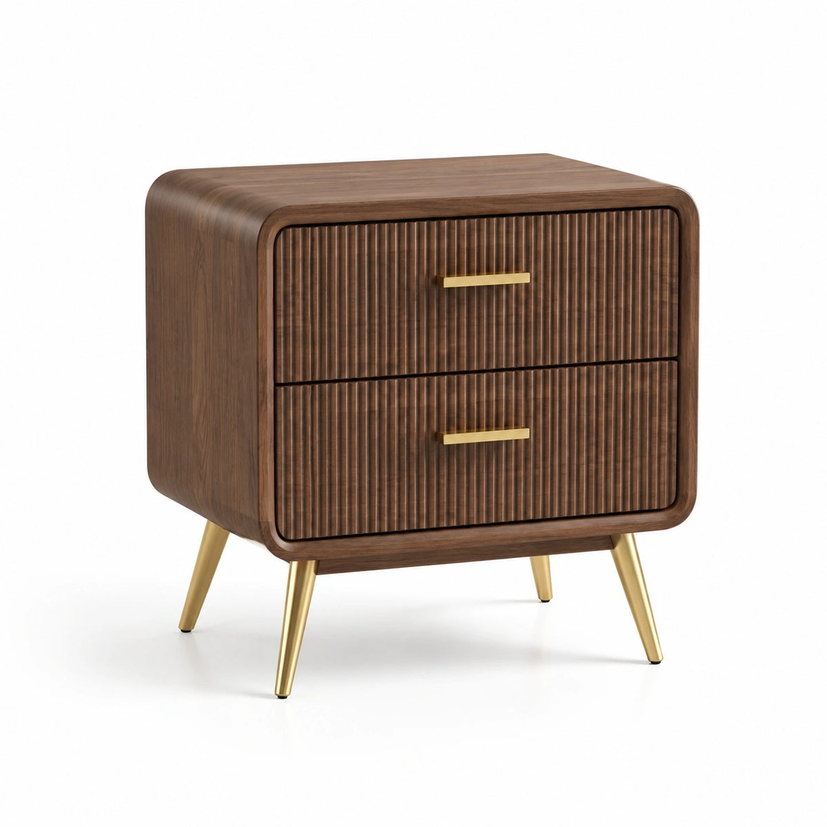 Mesilla de noche de madera de nogal con patas de metal dorado, 60x40x55 cm