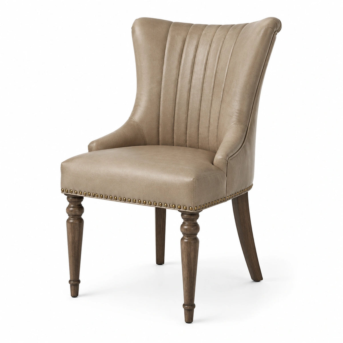 Silla de piel sintética beige con patas de madera