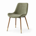 Silla de tela verde con patas de madera y metal