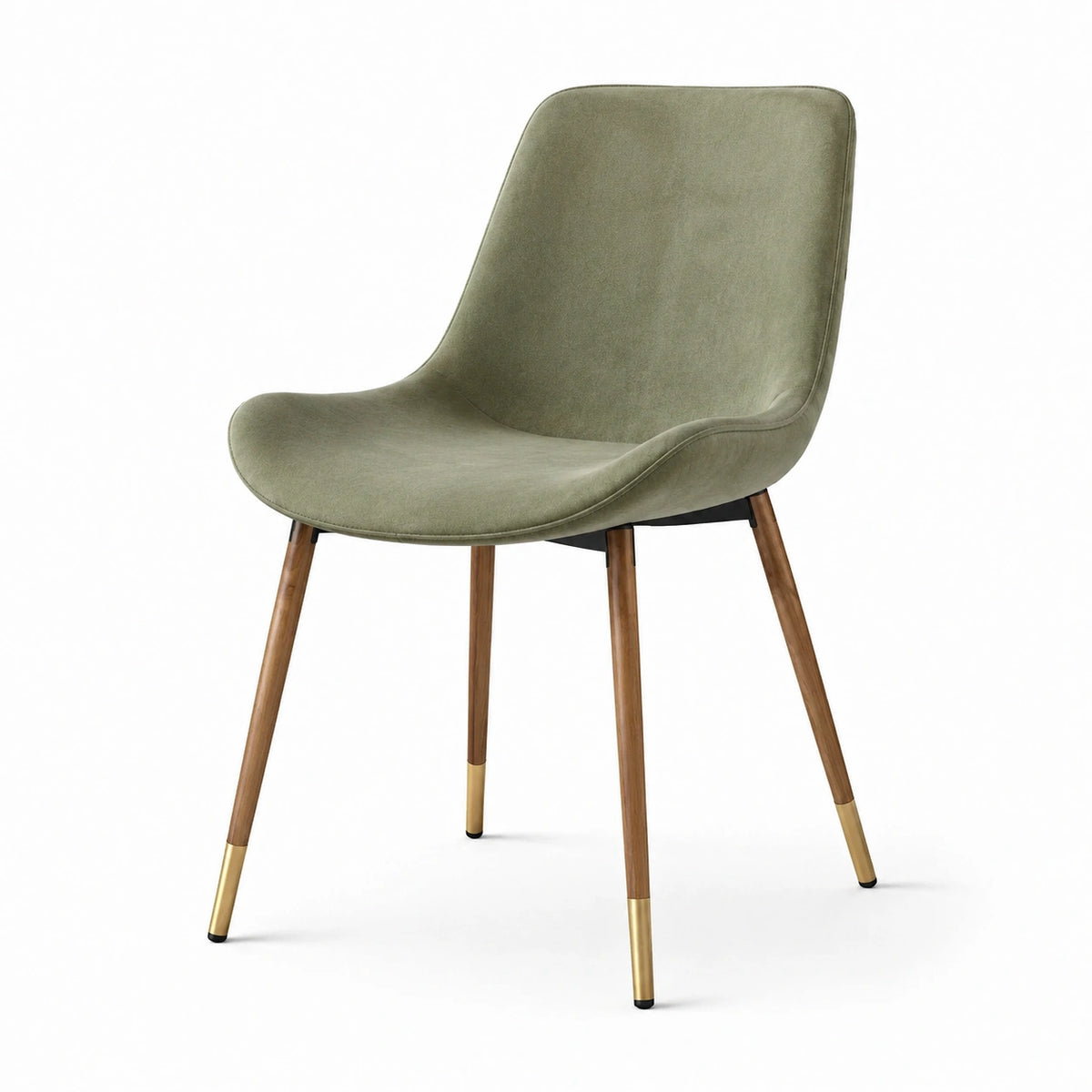 Silla de tela verde con patas de madera y metal