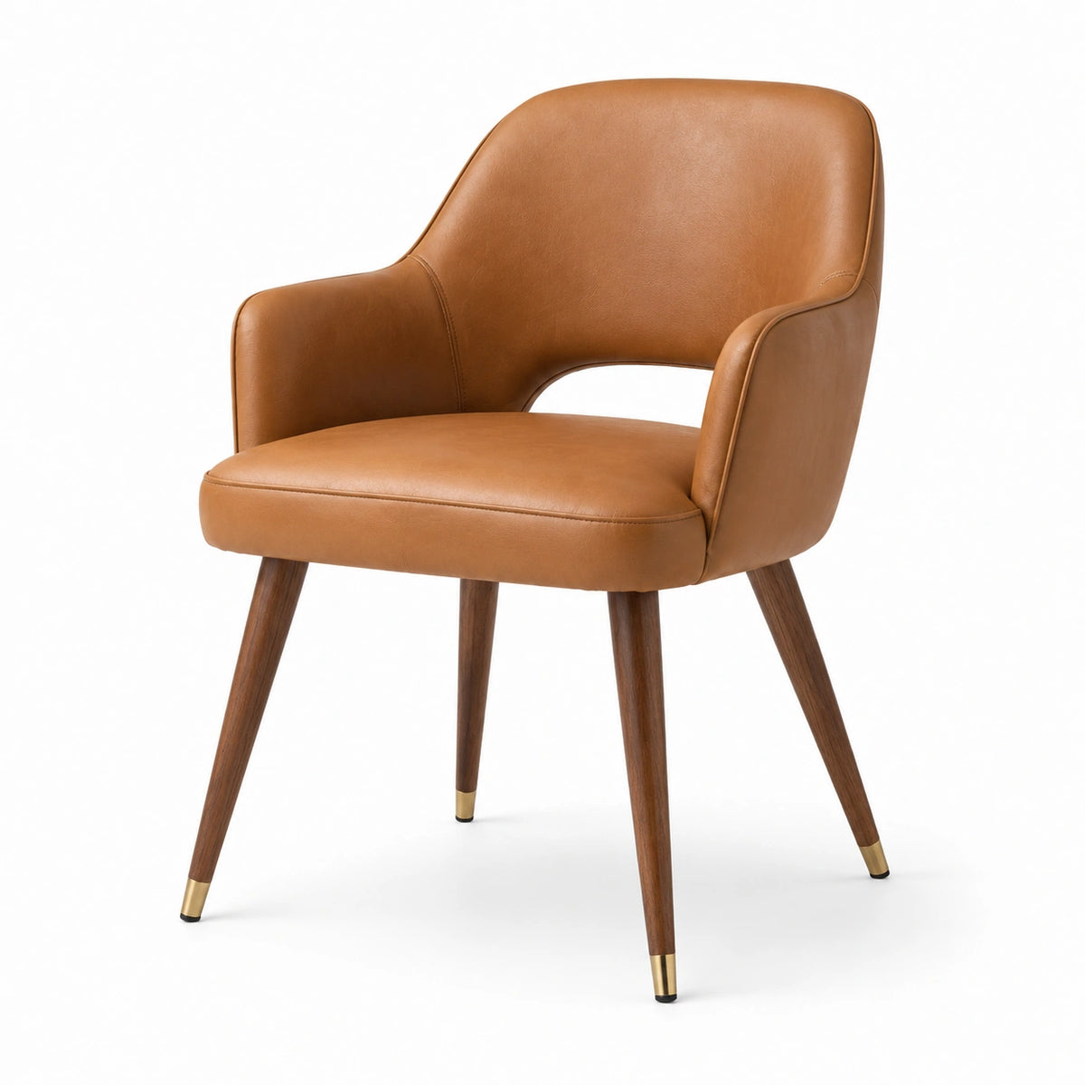 Silla de cuero sintético marrón con patas de madera de nogal